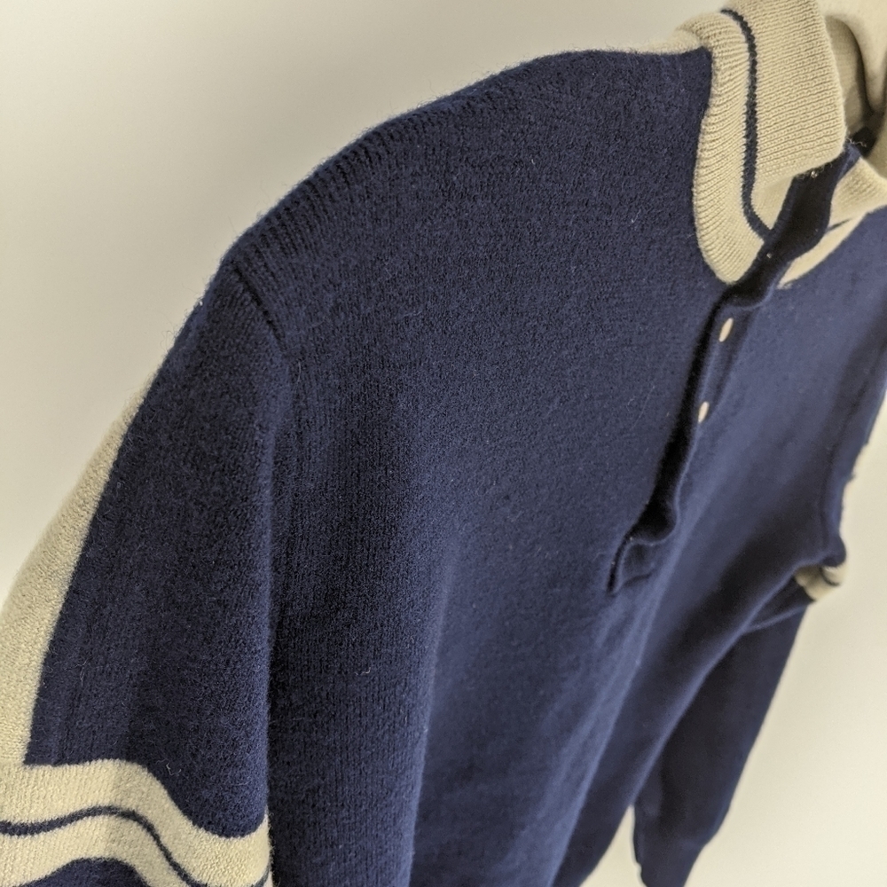 VTG MEISTER 100% New Wool Sweater Pullover Partial Button Navy Blue & Tan L - Picture 10 of 12
